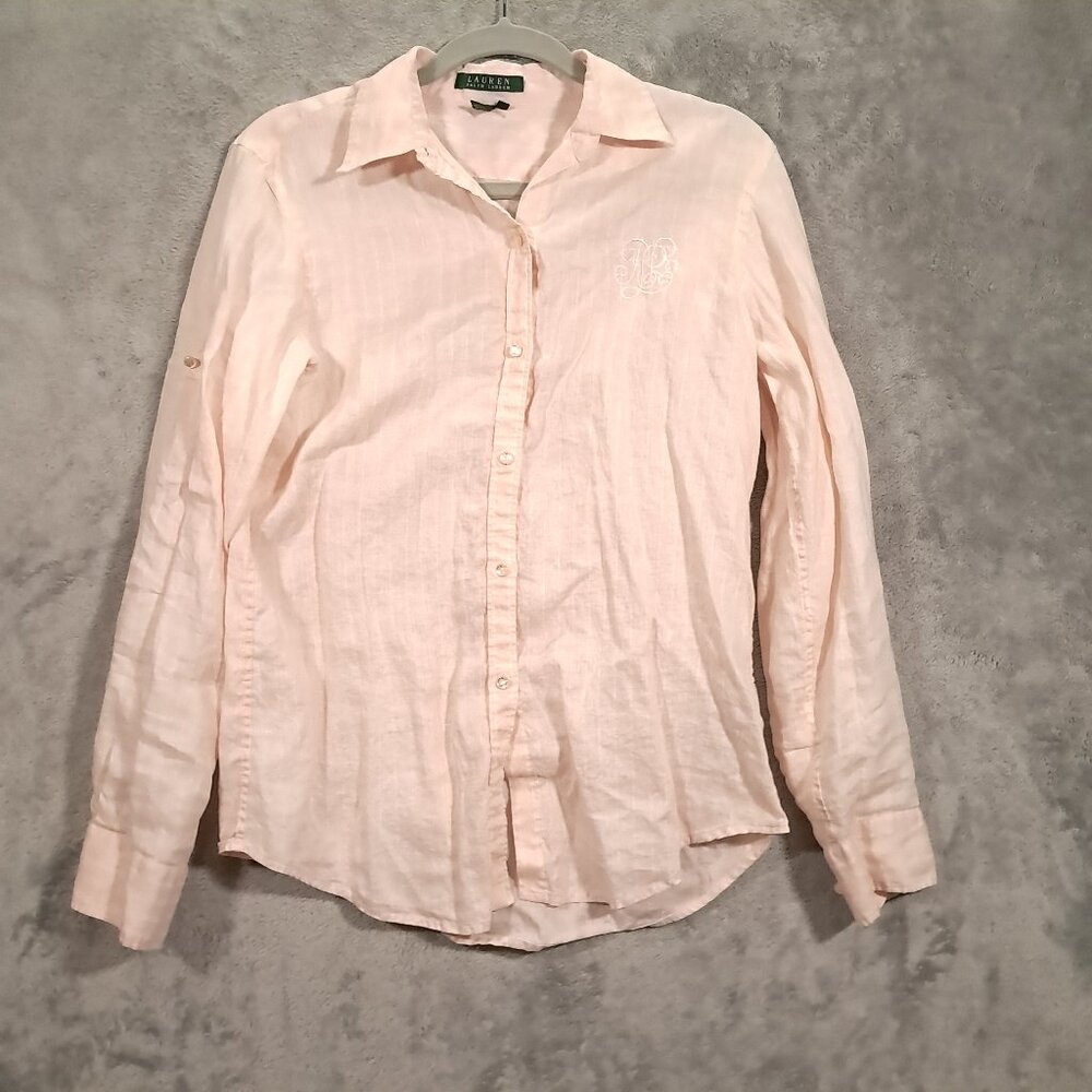 Lauren Ralph Lauren Shirt Women S 100% Linen Beige Cream Semi Sheer Button Down